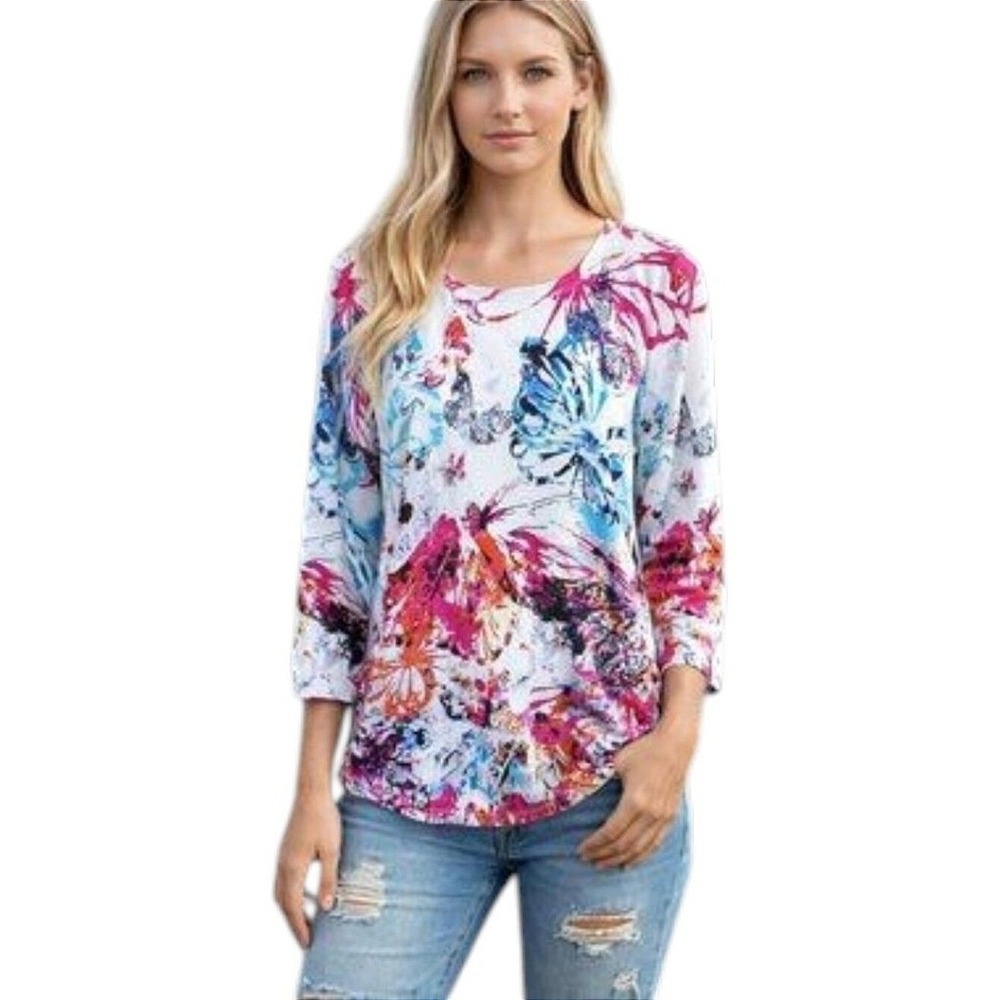 One A Floral Keyhole Blouse Womens XXL Multicolor 3/4 Sleeve Knit Top NWT